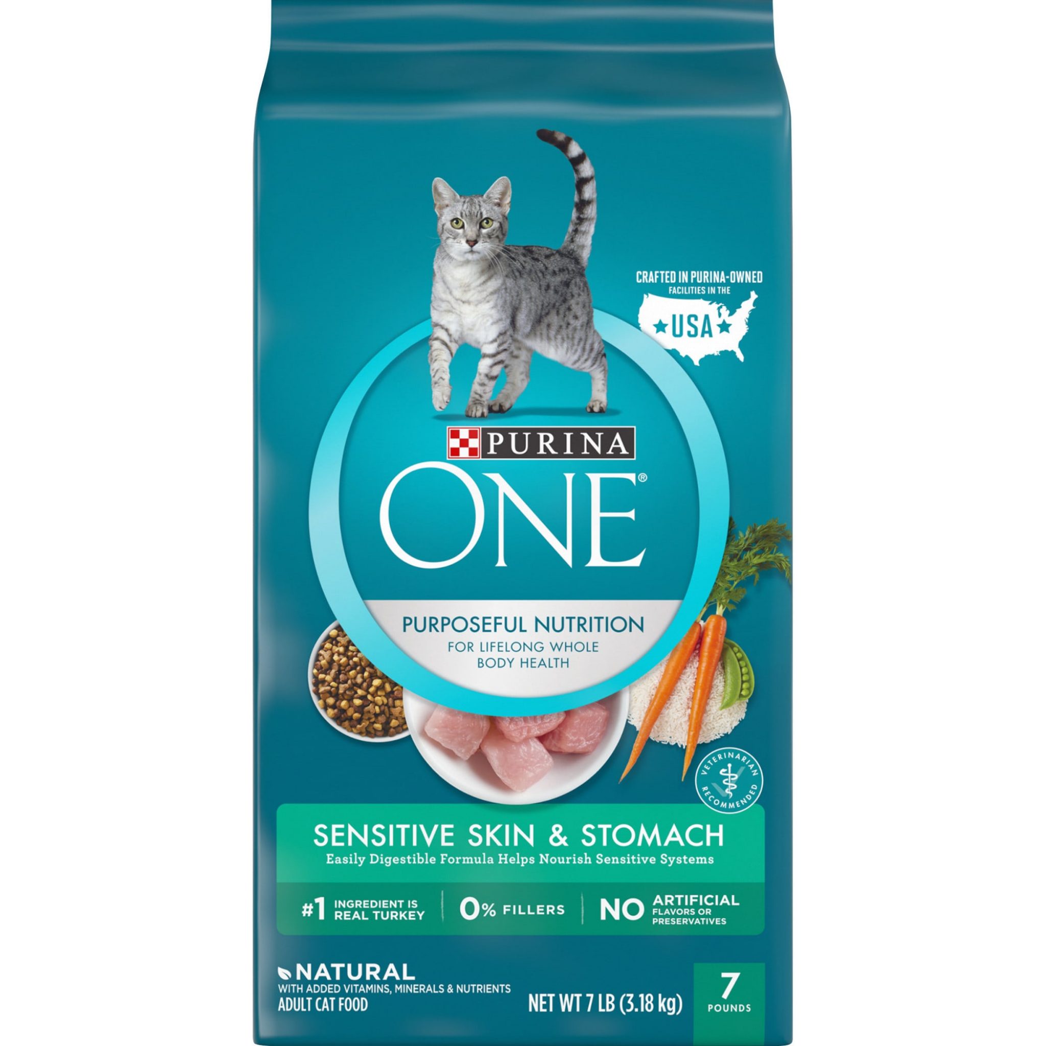 Purina ONE Natural Sensitive Skin & Stomach Formula Dry Cat Food, 7 lbs