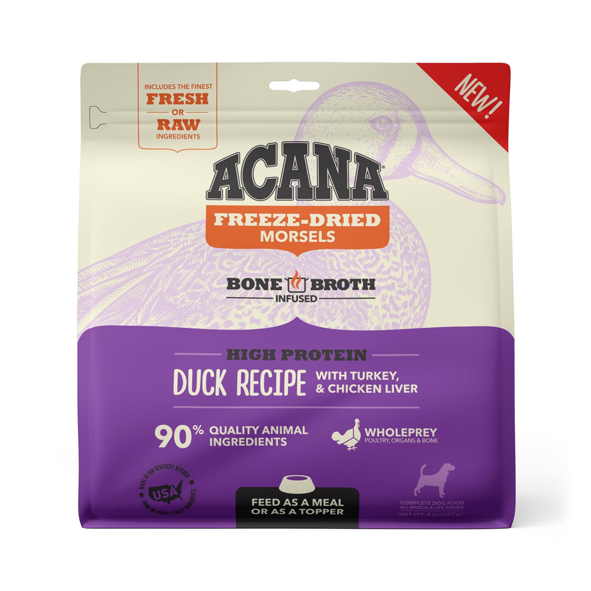 ACANA Grain Free High Protein Fresh & Raw Animal Ingredients Duck Recipe Freeze Dried Morsels Dog Food, 8 oz.