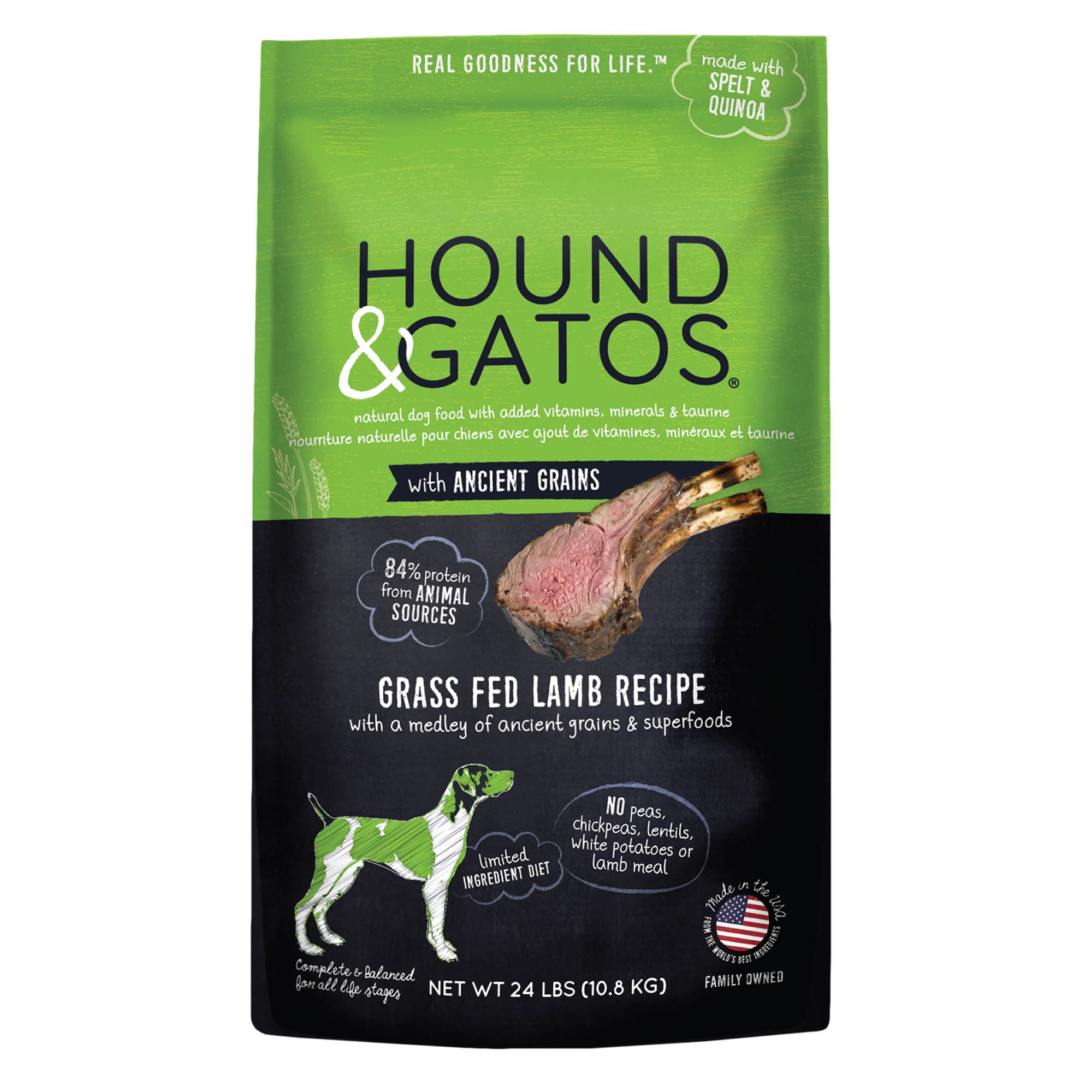 Hound & Gatos with Ancient Grains Limited Ingredient Diet Grass Fed Lamb Recipe Dry Dog Food, 24 lbs.